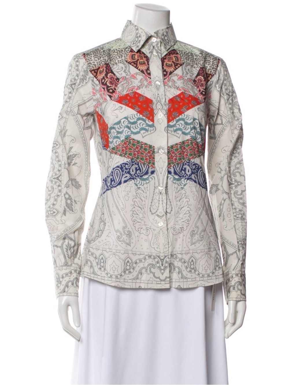 Etro White Paisley Button-Up Shirt with Multicolor Chevron Motifs
